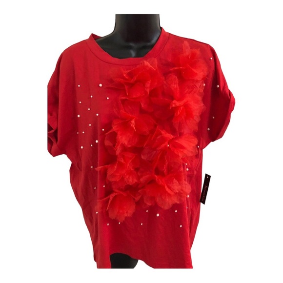 Red pearl adorned 3d floral embellished short sleeve shirt top  size XL new - Picture 8 of 12
